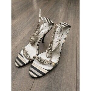 Hollywood Italy Rhinestone Striped Slingback Heels Women's Size 8B Dress Shoes